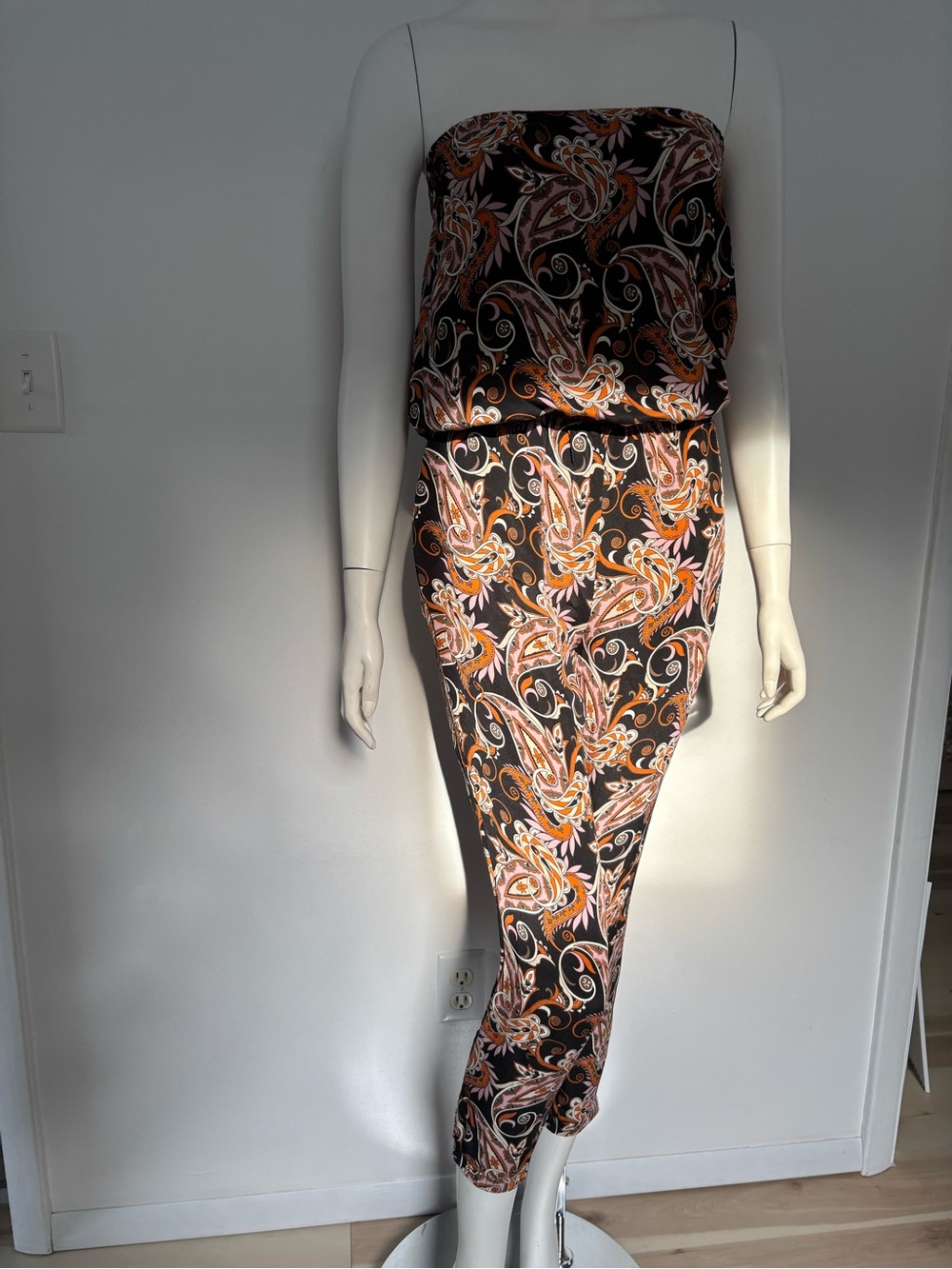 Kobi Halperin 100% silk Black Strapless Paisley Jumpsuit with Orange Accents